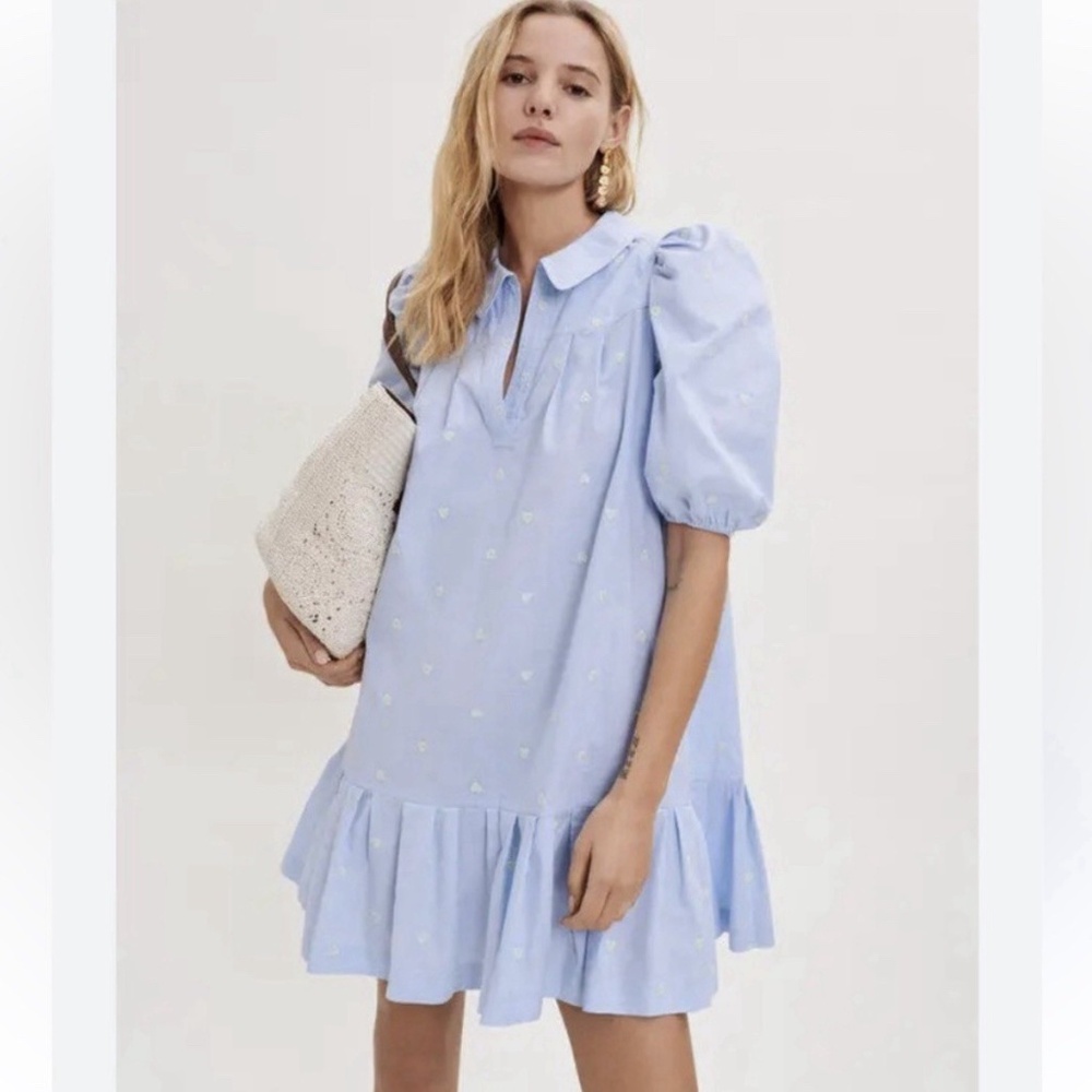 Maje Heart Embroidered Puff Sleeve Ruffle Shirt Dress, Blue Poplin FR 38, US 6